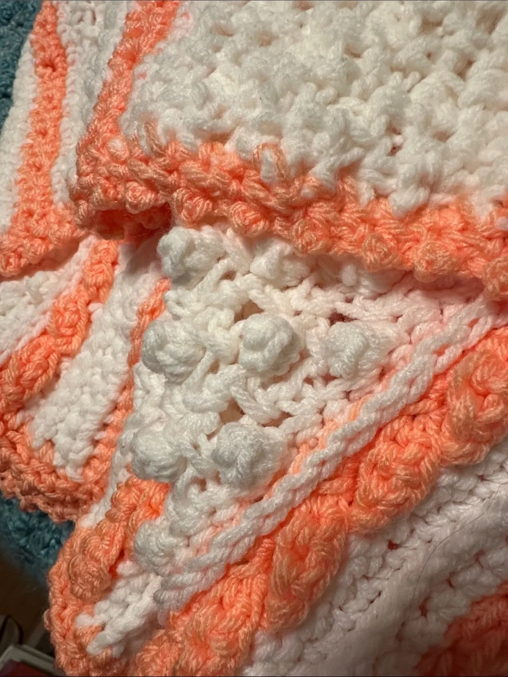 Cream and Peach Striped Crochet Throw Blanket - Handmade Comfort